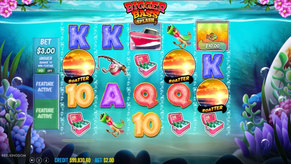 Bigger Bass Splash: Three sunset scatters land on the bought spin, both buy panels reading Feature Active