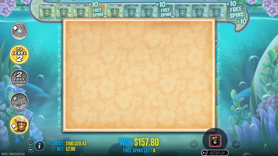Bigger Bass Splash: Fisherman trail at the top and a USD 157.80 natural bonus result, 0 spins left