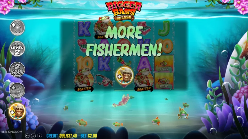 Bigger Bass Splash: More Fishermen modifier drawn before the natural bonus, three scatters behind the banner