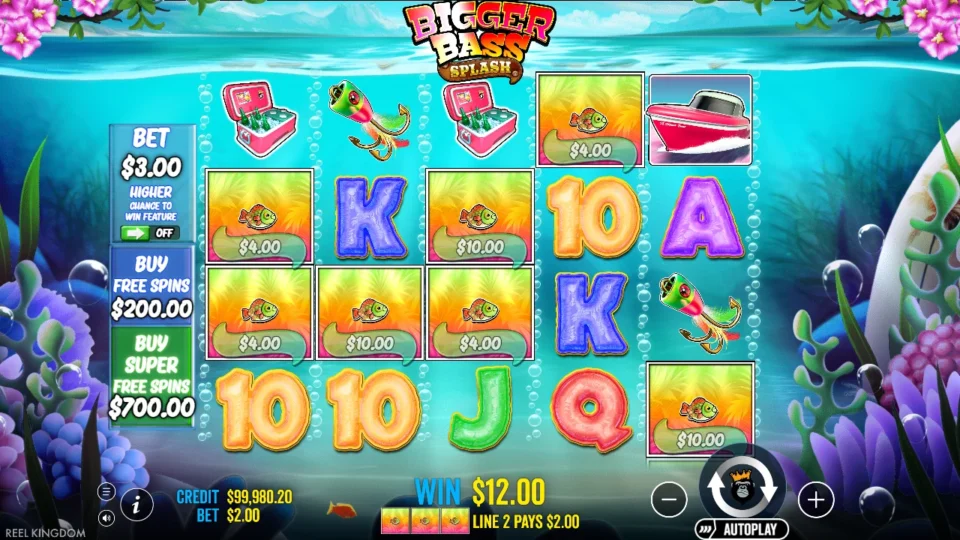 Bigger Bass Splash: Seven fish money symbols on the board, line 2 paying USD 2.00 of a USD 12.00 win