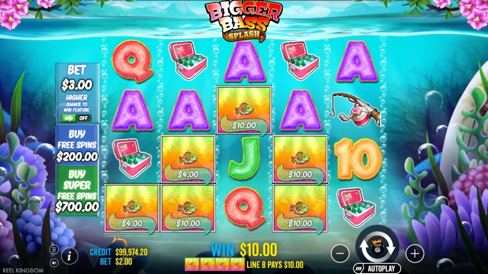 Bigger Bass Splash: Four fish on line 8 paying USD 10.00, a fishing rod parked on reel 5