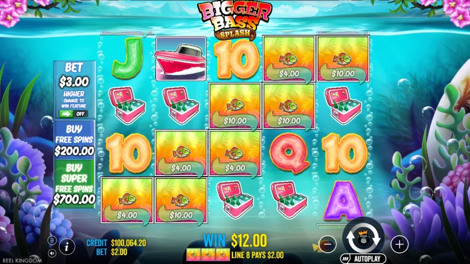 Bigger Bass Splash: Fish stacked in a staircase from reel 1 up to reel 5, USD 12.00 on the win meter