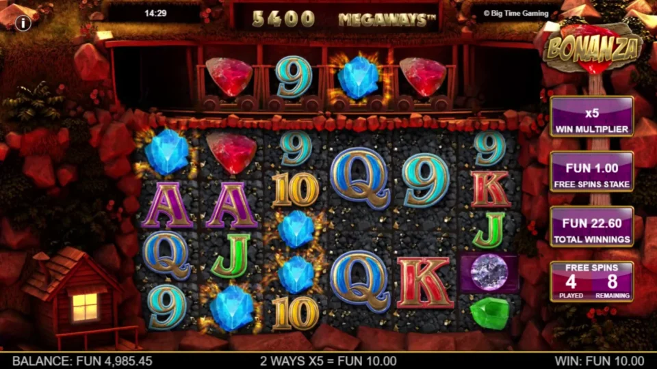 Bonanza: Free spins at x5 with FUN 22.60 collected and 8 spins left