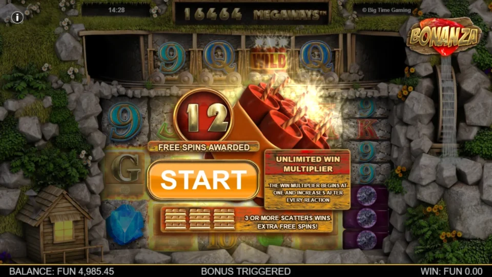 Bonanza: 12 free spins awarded: the START screen with the unlimited win multiplier