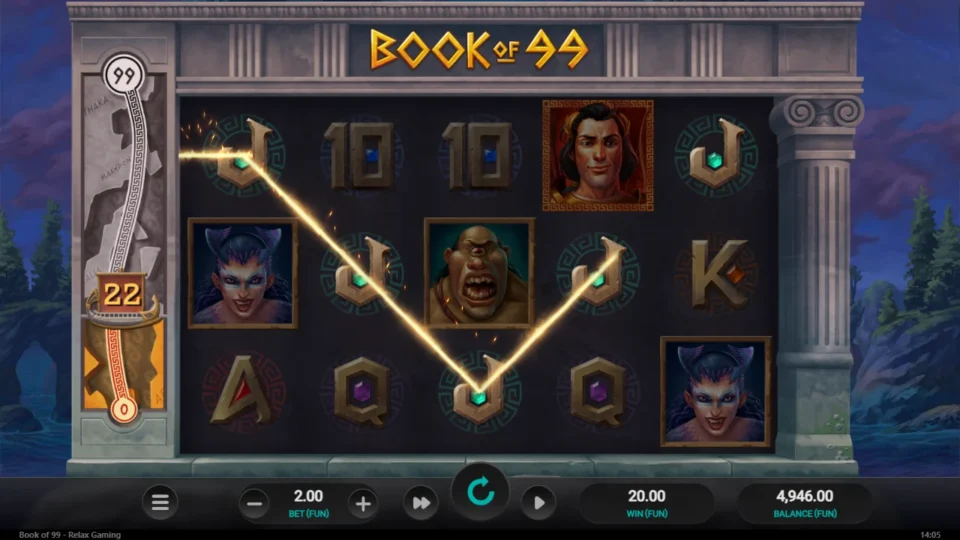 Book of 99: Five jacks on a V-shaped line pay FUN 20, meter at 22