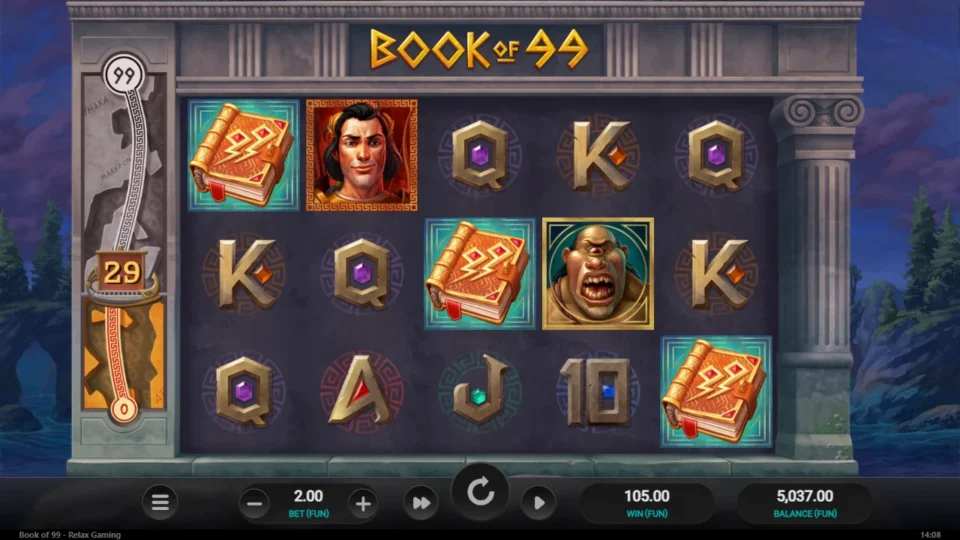 Book of 99: Result of the natural round: FUN 105 after 10 free spins, meter at 29