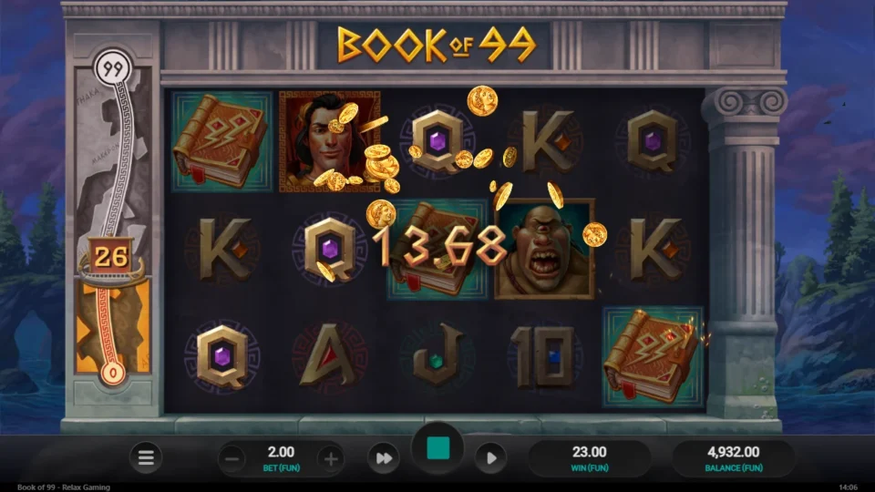Book of 99: Three Wild books on reels one, three and five open the free spins, meter at 26