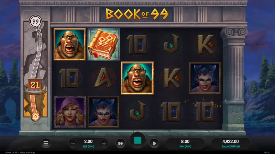 Book of 99: Ogre pair pays FUN 8 while the meter reads 21 Wilds