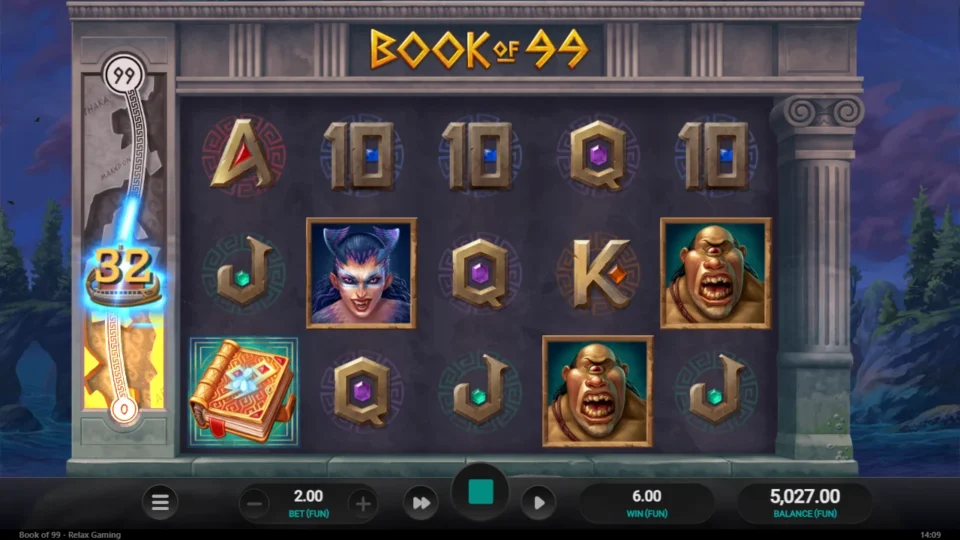 Book of 99: The meter lights up at 32 as a Wild book lands for FUN 6