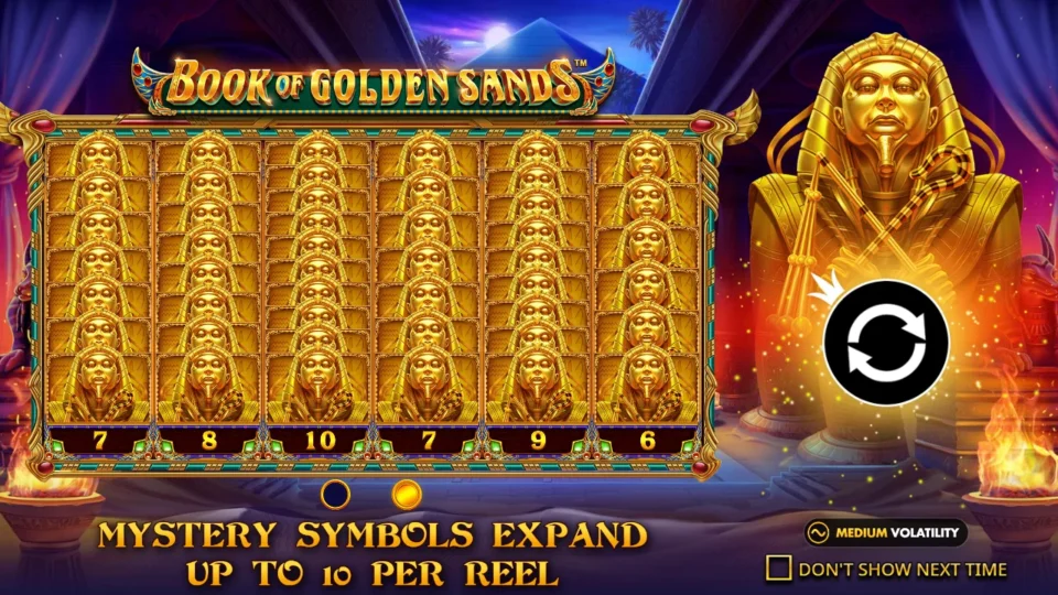 Book of Golden Sands: Feature illustration showing mystery symbols expanding up to ten high per reel.