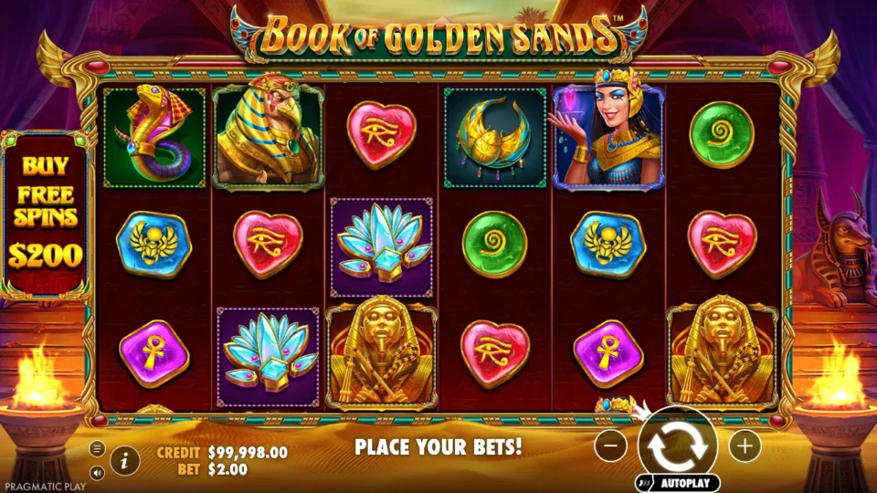 Book of Golden Sands: Six-reel base game with the USD 2 stake selected.