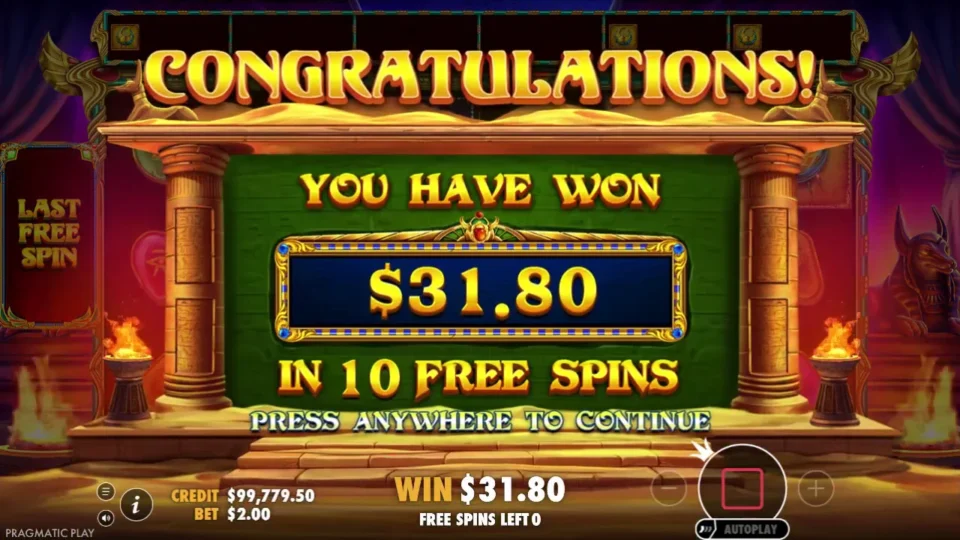 Book of Golden Sands: Completed bonus result of USD 31.80, including the USD 4 trigger payment.