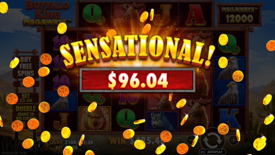 Buffalo King Megaways: Win counter animation on media spin 36; the completed round returned USD 485.40 (242.7x).