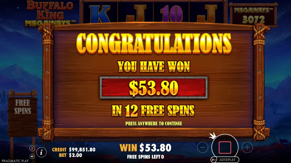 Buffalo King Megaways: free spins result: 53.8 (bonus buy)