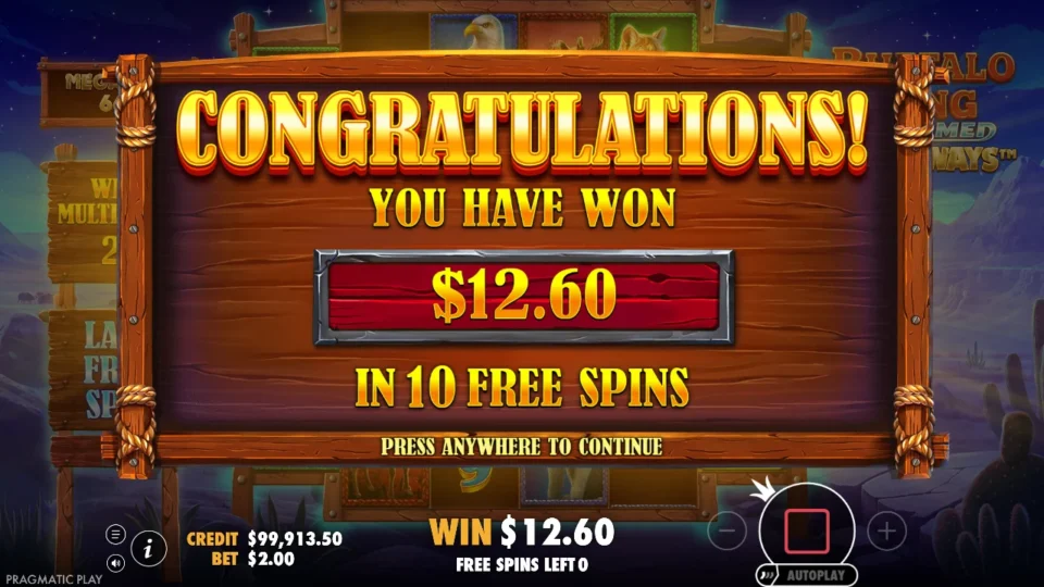 Buffalo King Untamed Megaways: free spins result: 12.6 (bonus buy)