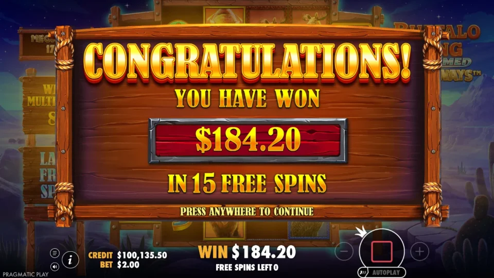 Buffalo King Untamed Megaways: free spins result: 184.2 (natural trigger)