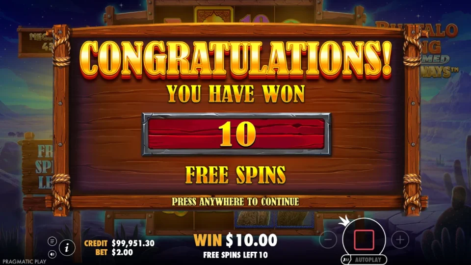 Buffalo King Untamed Megaways: free spins triggered (natural trigger) on round 64