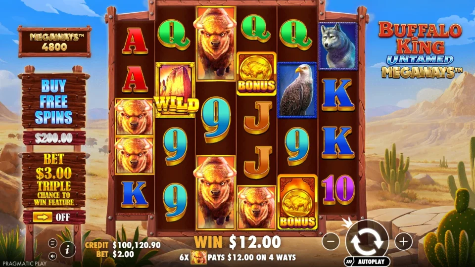 Buffalo King Untamed Megaways: win 6.0x (12.0) on media spin 90
