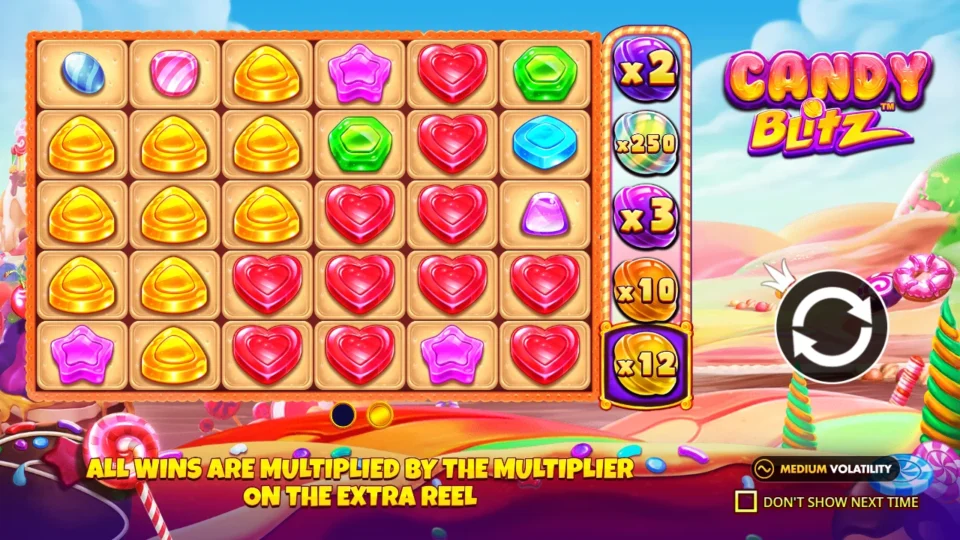 Candy Blitz: Candy Blitz intro illustration of the candy board and separate multiplier reel.
