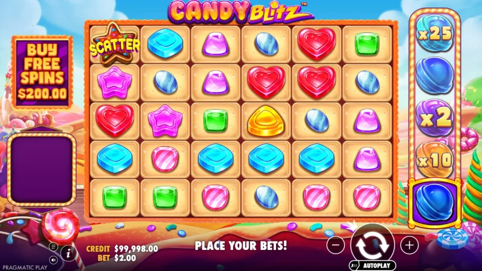 Candy Blitz: Separate media session: the 6x5 board and five visible multiplier symbols at a USD 2 demo stake.