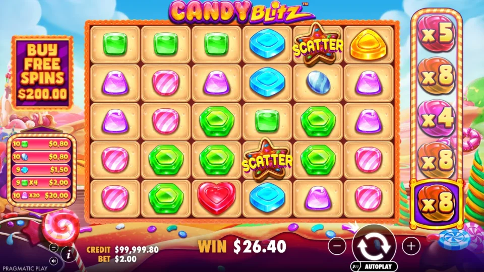Candy Blitz: Separate media session: ordinary media spin 90 returned USD 26.40, including the USD 20 purple-drop award shown in the history.