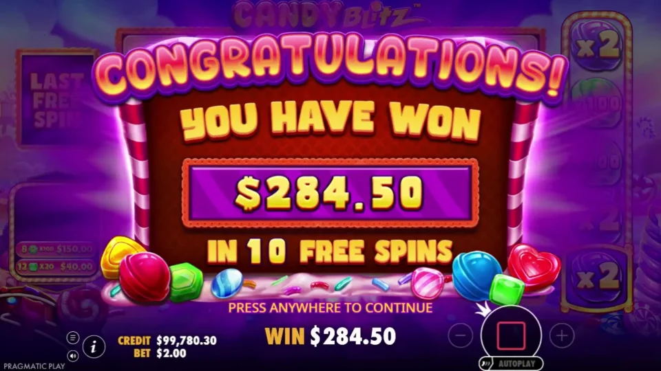 Candy Blitz: Separate media session: purchased bonus result — USD 284.50 returned from 10 free spins, with no entry-screen payout.