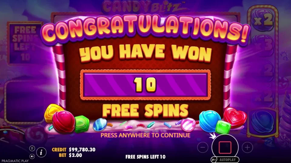 Candy Blitz: Separate media session: the purchased entry awarded 10 free spins.