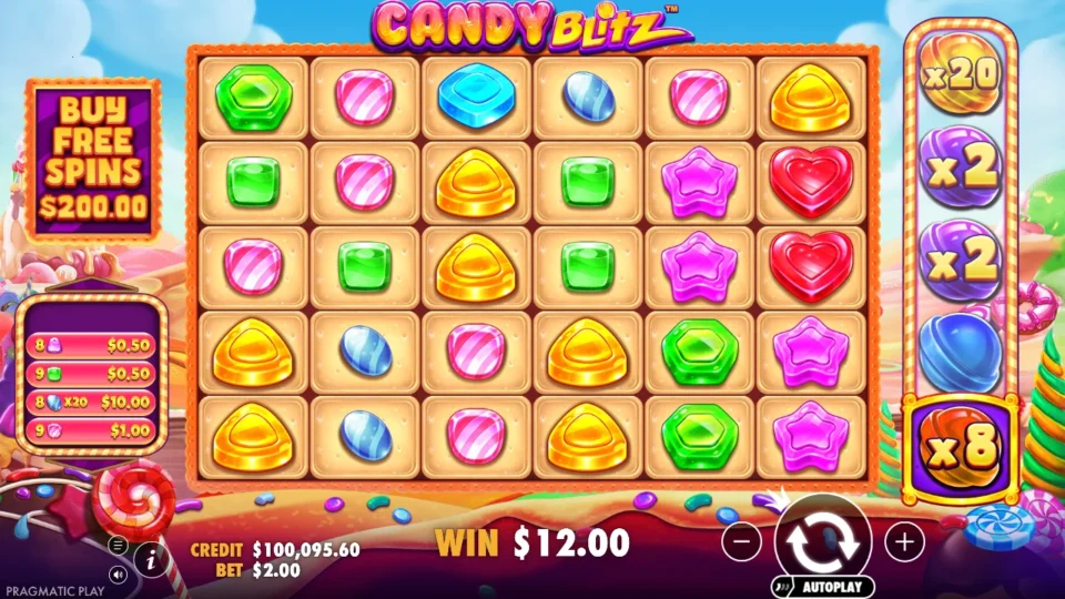 Candy Blitz: Separate media session: ordinary media spin 13 returned USD 12, with its individual tumble awards listed on the left.