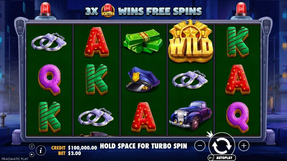 Cash Patrol: Base reels under the three-siren banner: three of them on the middle reels start eight free spins