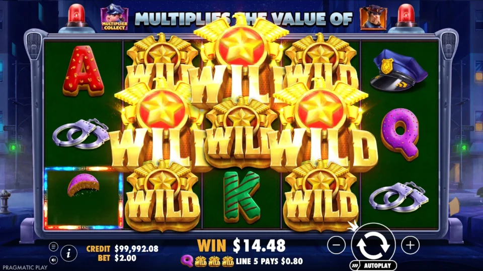 Cash Patrol: Multiplier Collect banner over a Wild-heavy board while the counter is still rolling