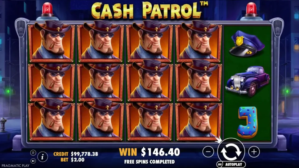 Cash Patrol: Super Respin outcome: twelve robbers, a cap, a car and a J on reel five, the USD 194 pot forfeited