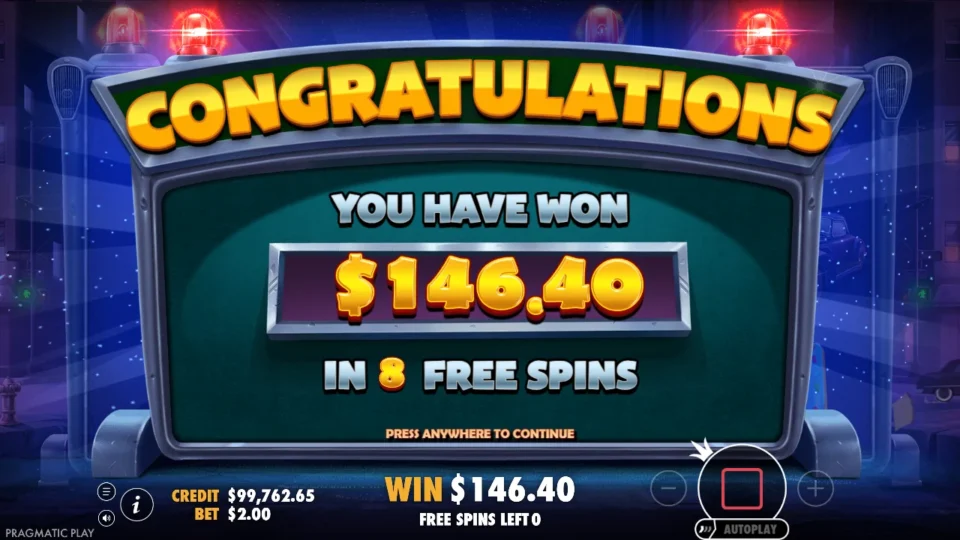 Cash Patrol: Free spins result: USD 146.40 from eight spins before the Super Respin