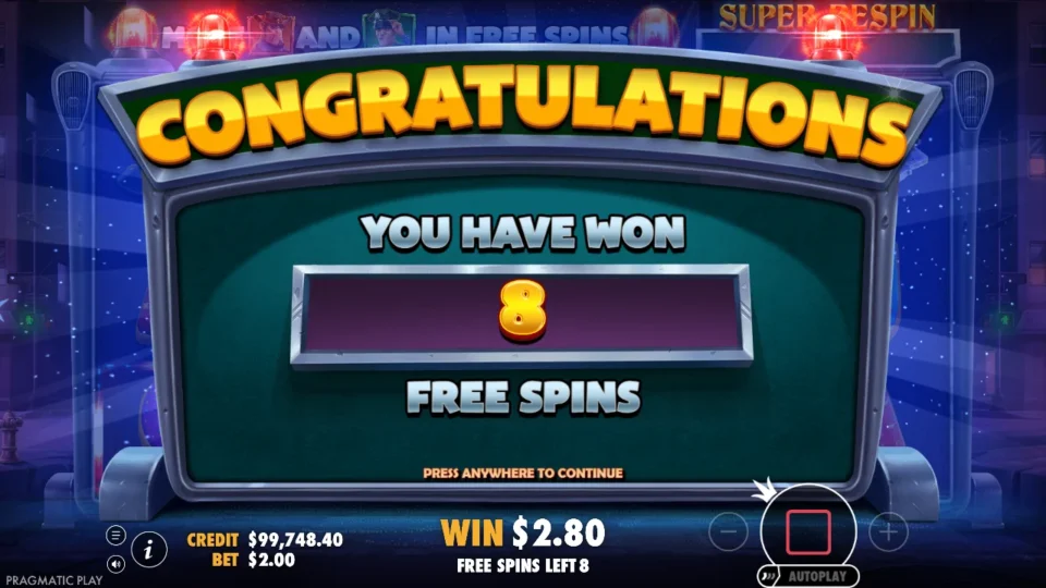 Cash Patrol: Three sirens on a media spin: eight free spins awarded
