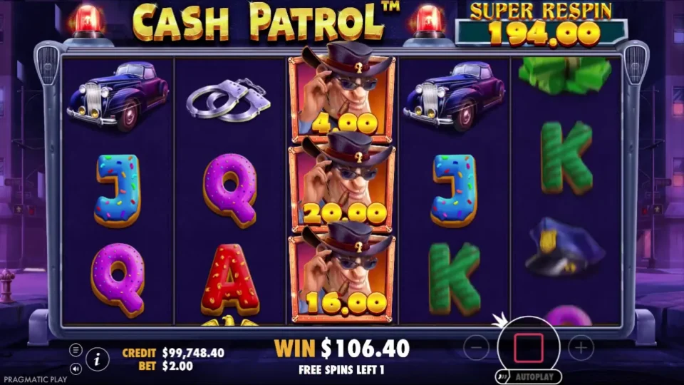 Cash Patrol: Spin seven: three robbers on reel three, feature win at USD 106.40 and the pot at USD 194