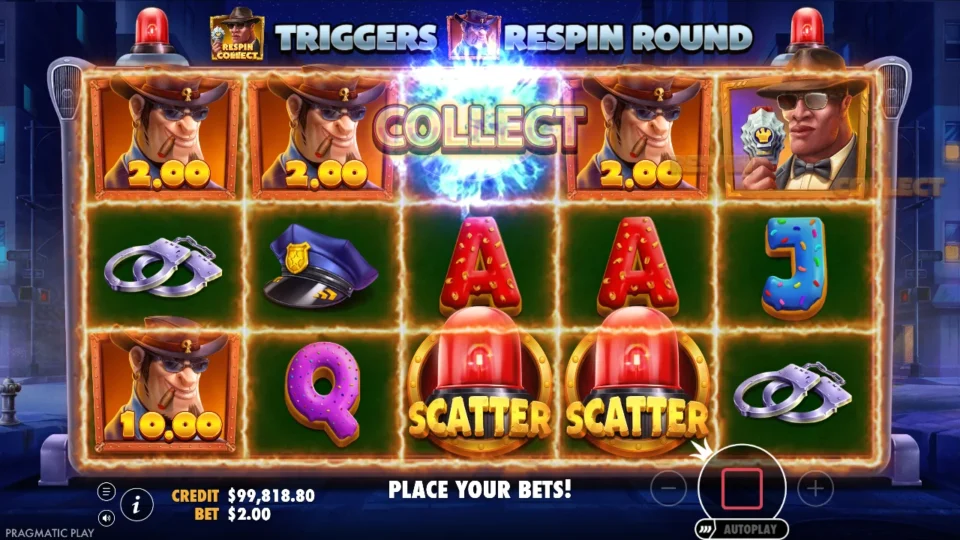 Cash Patrol: Respin Collect lands on reel five with four robbers on screen, USD 2, 2, 2 and 10