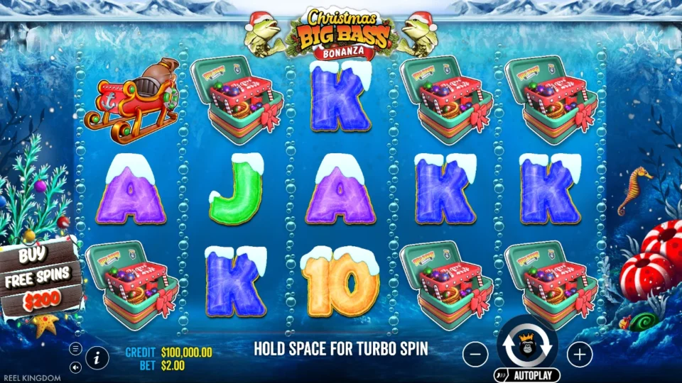 Christmas Big Bass Bonanza: Intro board: ten free spins, Santa catches fish for extra wins