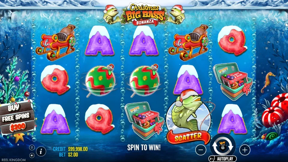 Christmas Big Bass Bonanza: Base reels at the USD 2 default stake, a Santa-hat bass Scatter sitting on reel four