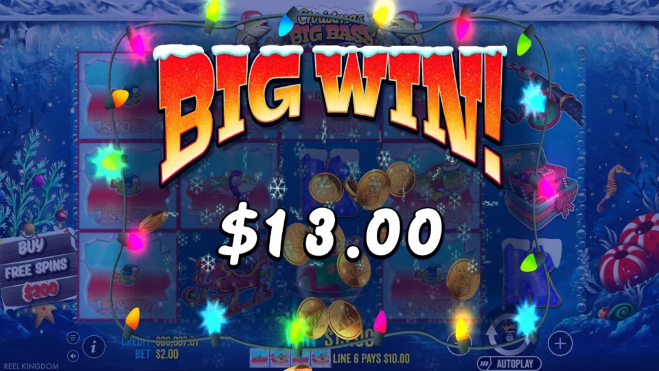 Christmas Big Bass Bonanza: Big Win banner still counting over a line-six hit worth USD 10