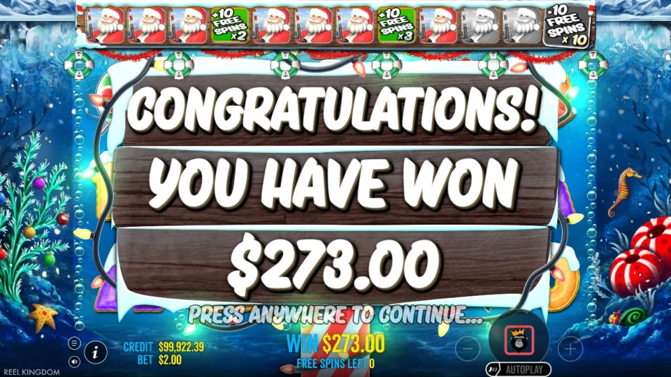 Christmas Big Bass Bonanza: Bought free spins result: USD 273 from the USD 200 ticket after two retriggers