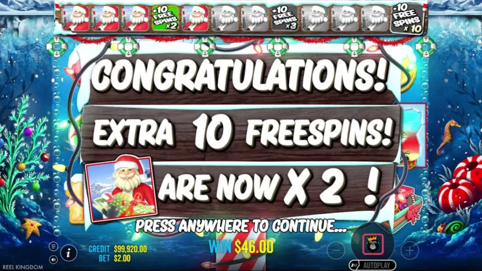 Christmas Big Bass Bonanza: Fourth Santa collected: ten extra spins and the 2x stage begins