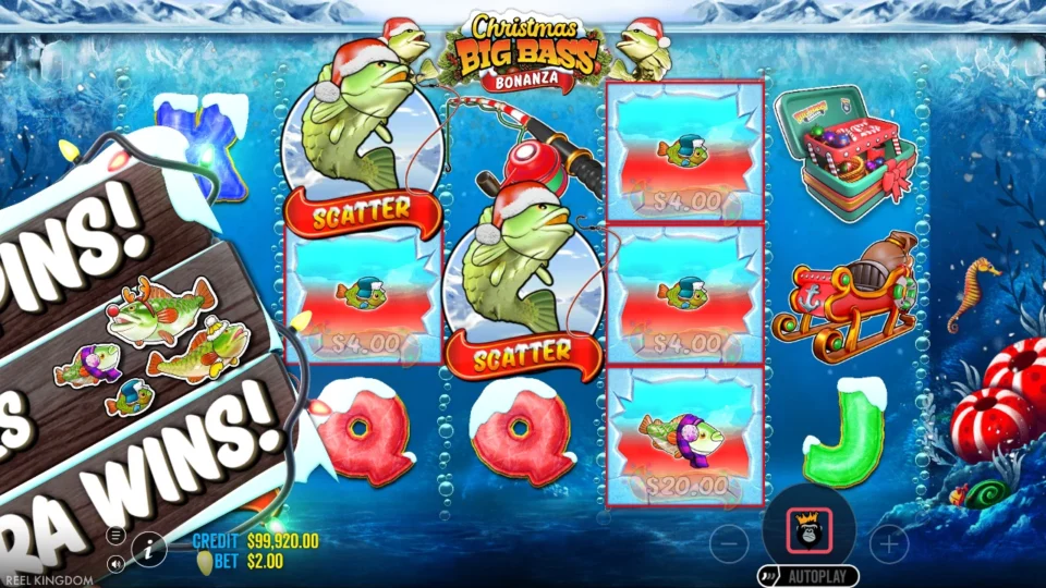 Christmas Big Bass Bonanza: Bought feature opening with fish worth USD 4 and USD 20 already on the reels