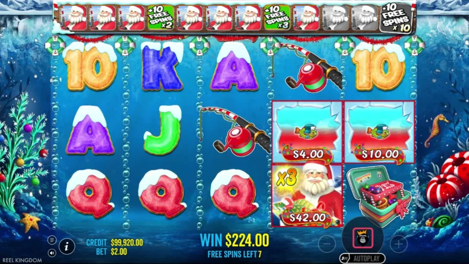 Christmas Big Bass Bonanza: Santa at 3x collects USD 42, fish of USD 4 and USD 10 still waiting on reel four