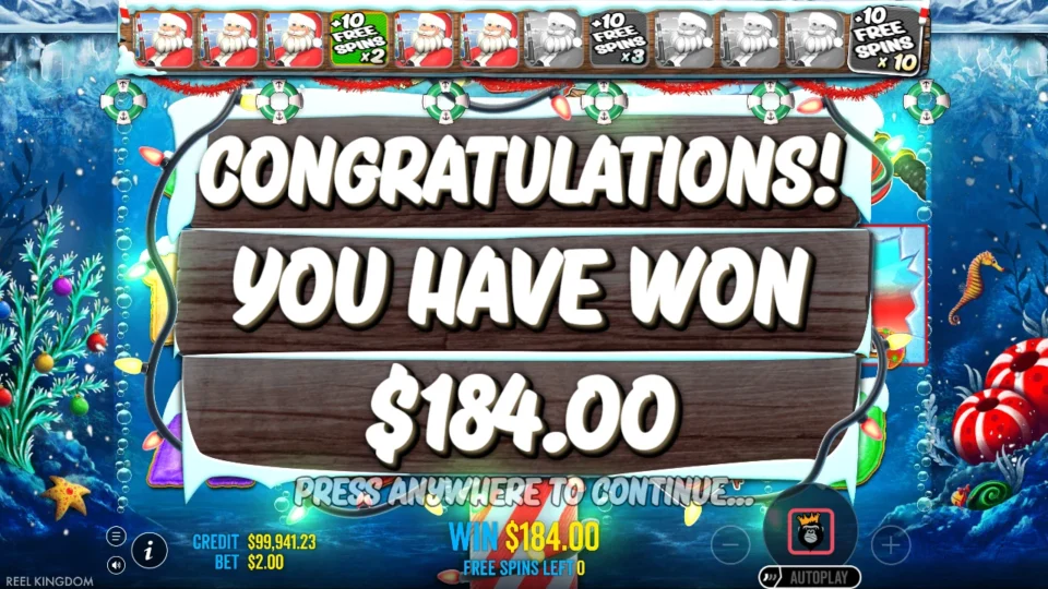 Christmas Big Bass Bonanza: Natural free spins close at USD 184 with five Santas on the bar