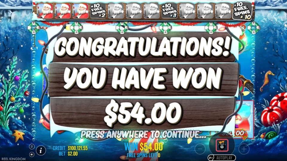 Christmas Big Bass Bonanza: Second natural feature two spins later ends at USD 54 with three Santas collected