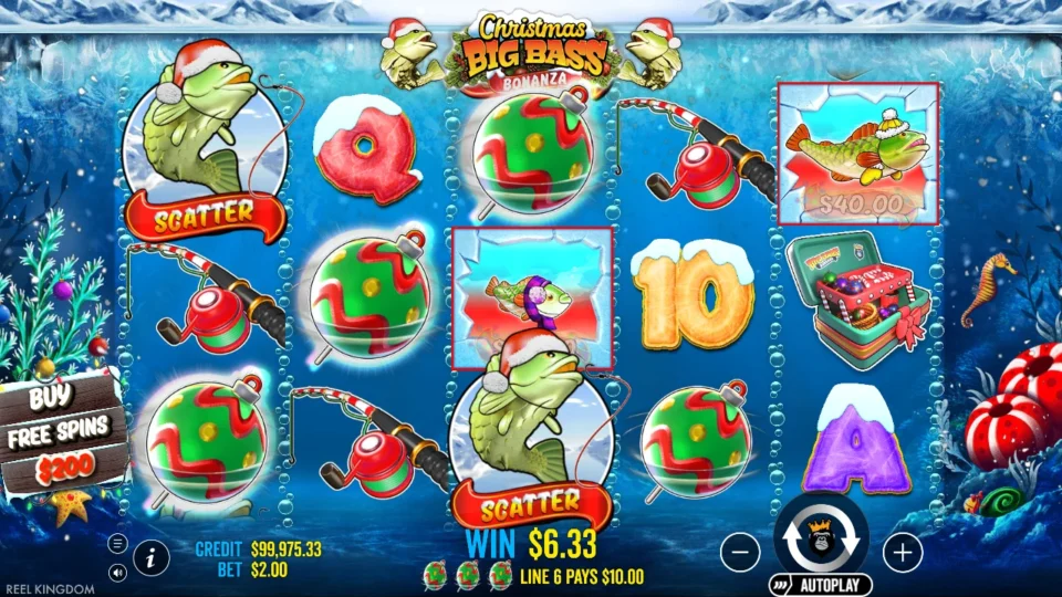 Christmas Big Bass Bonanza: Two Scatters short of a trigger; line six pays USD 10