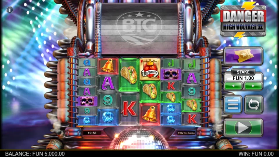Danger High Voltage 2: Demo base game at a FUN 1.00 stake with the Megadozer coin pusher parked above six reels