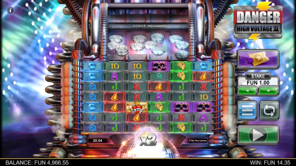 Danger High Voltage 2: Every reel at seven symbols, 117649 Megaways, and a FUN 14.35 win at x2