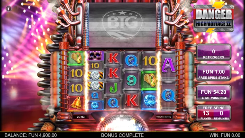 Danger High Voltage 2: Bonus result: 13 free spins played for FUN 54.20 in total