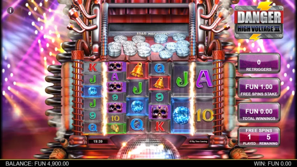 Danger High Voltage 2: Fire in the Disco on its first free spin, bonus coins stacked in the dozer