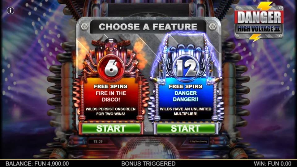 Danger High Voltage 2: Feature choice after the buy: 6 free spins of Fire in the Disco or 12 of Danger Danger
